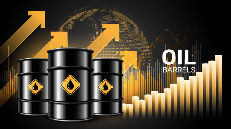 Oil price rising concept Oil barrels on a growth chart background. Investment market and trade arrows up, vector illustration