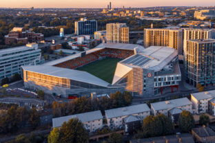 Aerial view of Gtech Community Stadium at sunset. London, UK