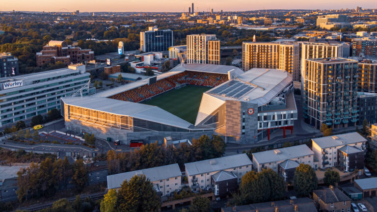 Aerial view of Gtech Community Stadium at sunset. London, UK
