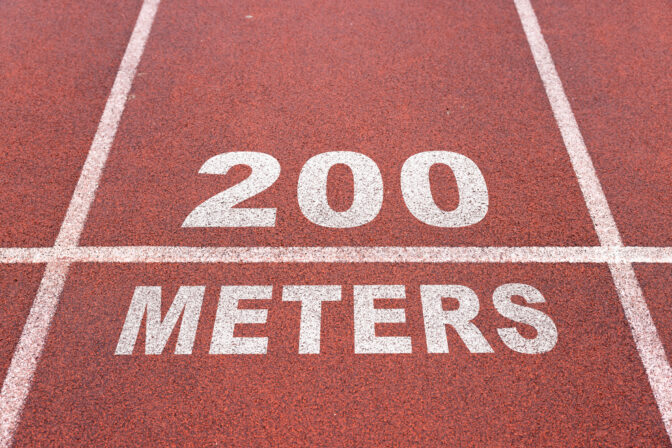 200m tagging on athletic track. Olympic games track and fiel 200 meters concept.