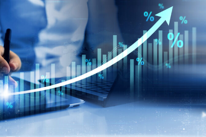 Percentage symbol and growth arrow. Interest rates continue to increase, stocks and mutual funds, investment for retirement.Interest rate and dividend.