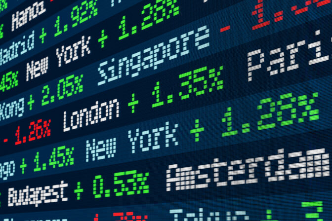 Stock ticker with index changes of the global markets.