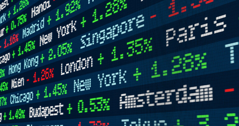 Stock ticker with index changes of the global markets.