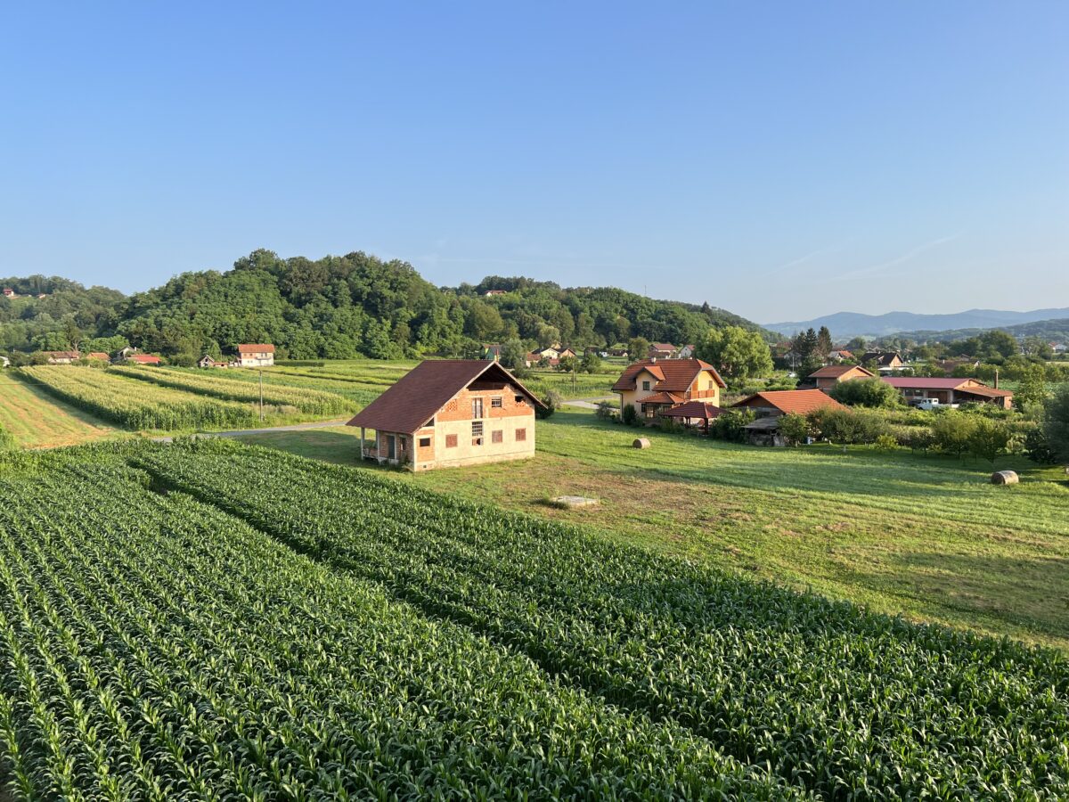 View of forests, fields, villages and Zagorje hills, during a panoramic balloon flight over Croatian Zagorje - Croatia (Panoramski let balonom iznad Hrvatskog zagorja - Hrvatska)