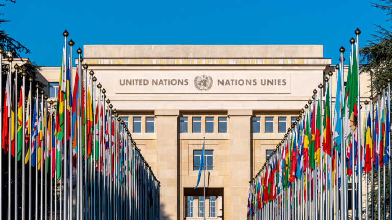 Alley of Flags leading to the UN Palais des Nations, Geneva, Switzerland