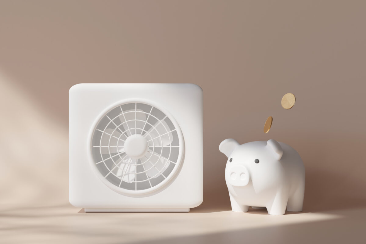 This 3D render showcases an air source heat pump alongside a piggy bank, symbolizing energy efficiency and cost savings. The modern design highlights innovative technology in home heating and cooling