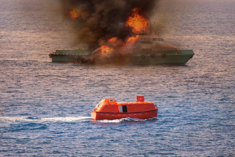 Rescue boat performed demobilization passenger from supply boat because fire or worst case, Marine control contacting to rescue team or fire fighter team to help crews boat out of the bad location.
