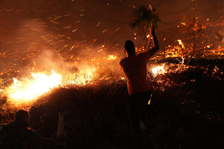 požiar les muž konár oheň