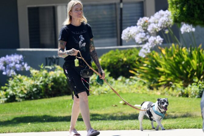 EXCLUSIVE: *NO WEB UNTIL 930AM EDT 29TH JUNE* Former Baywatch babe Erika Eleniak, 55, is unrecognizable as she walks the dog in LA