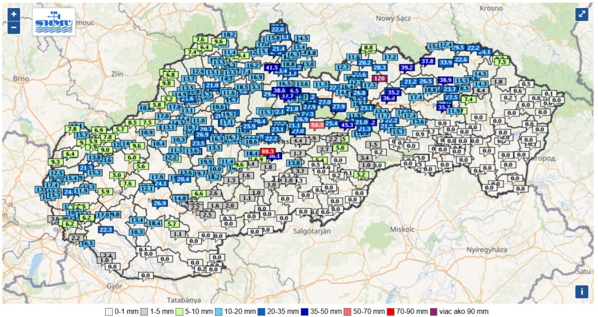 Úhrn zrážok na Slovensku za posledných 24 hodín - od 9.00 v pondelok do 9.00 v utorok.