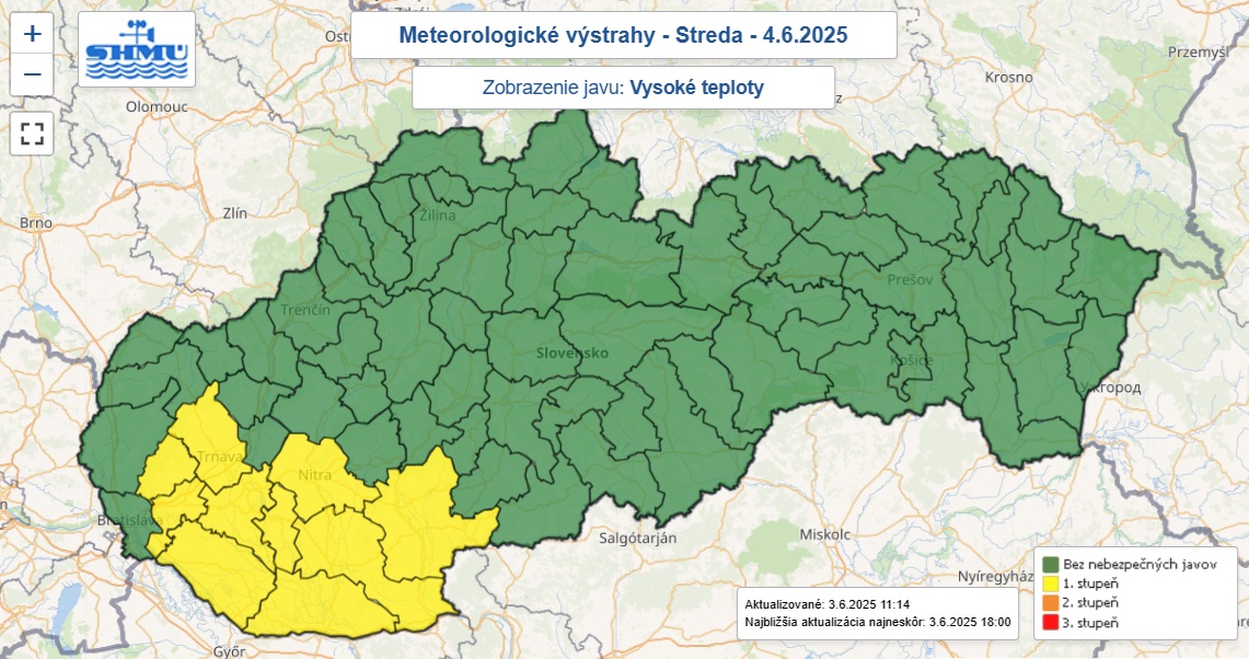 Varovanie prvého stupňa pred vysokmi teplotami vydané na stredu 4. júna 2025.