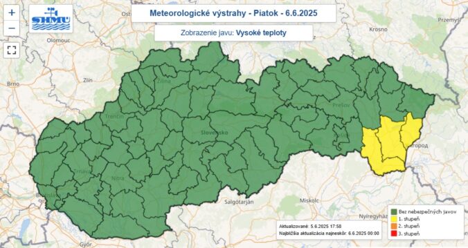 Výstraha pred vysokými teplotami je na piatok 6. júna vydaná pre tri okresy.