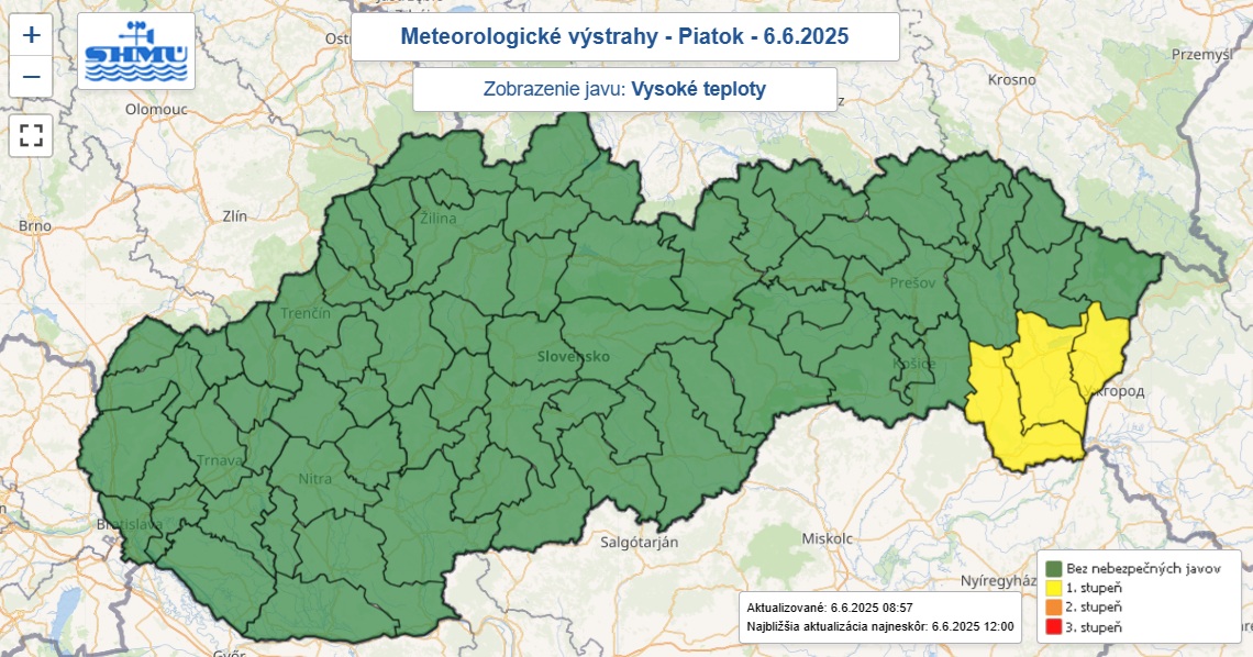 Výstraha prvého stupňa pred vysokými teplotami je na piatok 6. júna vydaná pre tri okresy Slovenska.