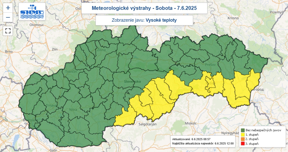 Výstraha prvého stupňa pred vysokými teplotami je na sobotu 7. júna 2025 vydaná pre 11 okresov.