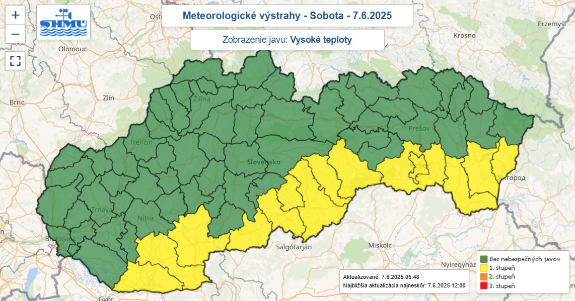 Výstraha prvého stupňa pred vysokými teplotami je na sobotu 7. júna 2025 vydaná pre 14 okresov.