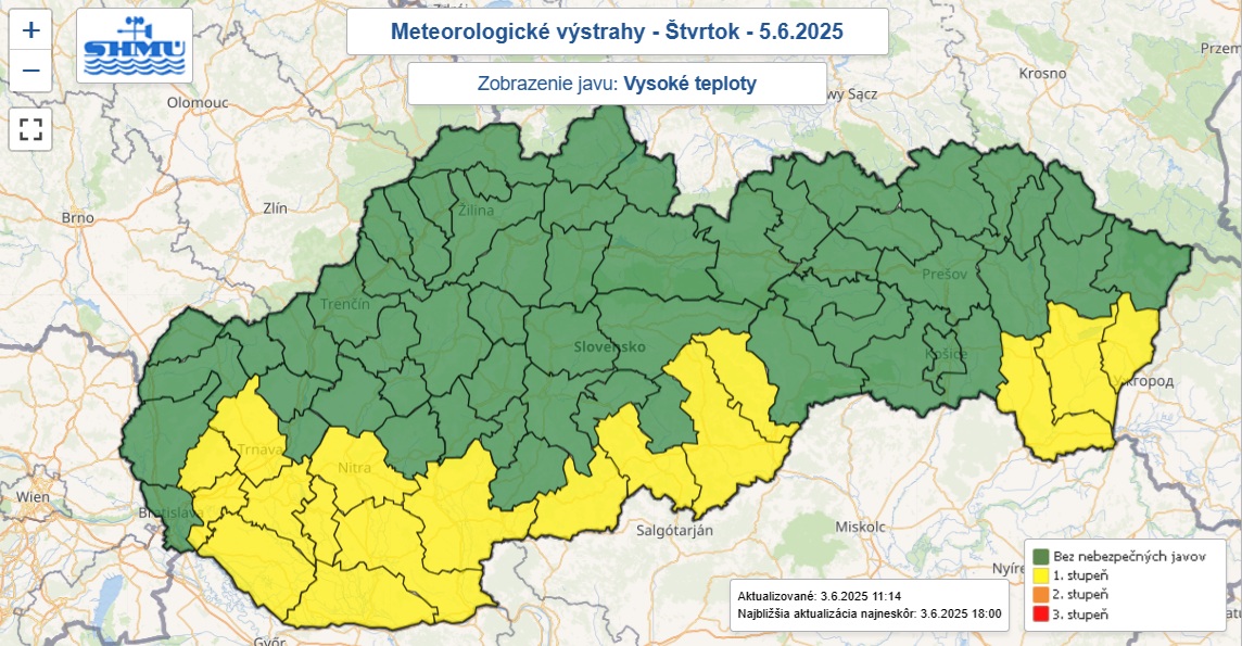 Výstraha prvého stupňa pred vysokými teplotami vydaná na štvrtok 5. júna 2025.