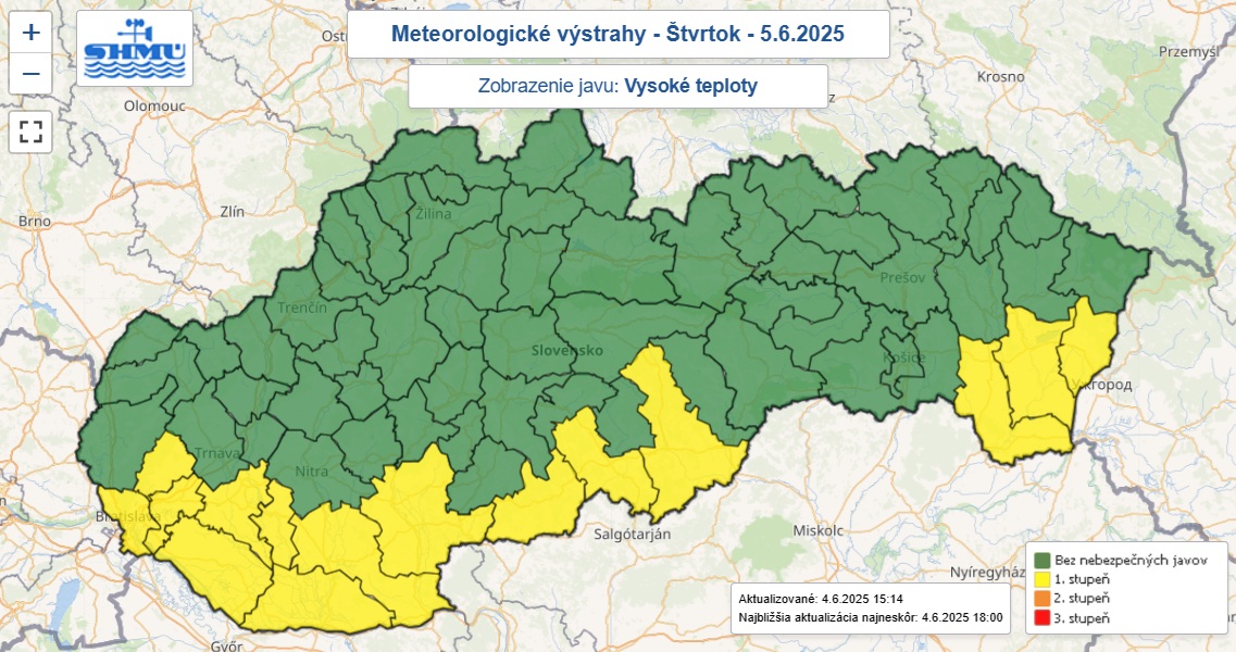 Výstraha prvého stupňa SHMÚ pred vysokými teplotami je na štvrtok 5. júna 2025 vydaná pre 15 okresov.