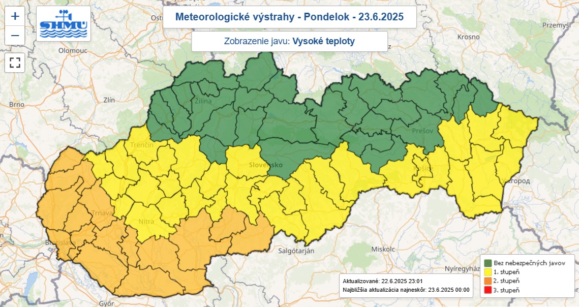 Výstrahy prvého aj druhého stupňa pred vysokými teplotami vydané na pondelok 23. júna 2025.