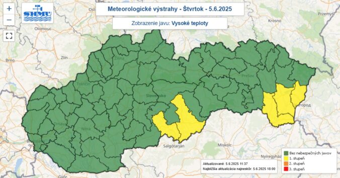 Zaktualizovaná výstraha SHMÚ pred vysokými teplotami vydaná na štvrtkové popoludnie 5. júna 2025.