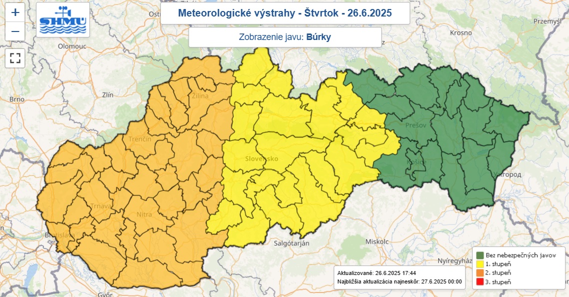 Zaktualizované výstrahy prvého aj druhého stupňa pred búrkami vydané na štvrtok 26. júna 2025.