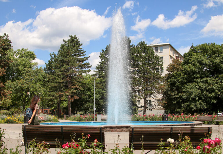 fontána zeleň kvety stromy lavičky voda