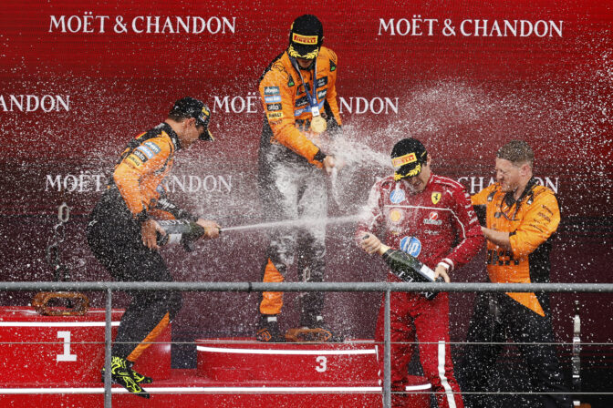 Oscar Piastri, Lando Norris a Charles Leclerc