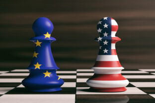 USA and European Union flags on chess pawns on a chessboard. 3d illustration