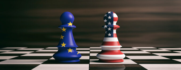 USA and European Union flags on chess pawns on a chessboard. 3d illustration