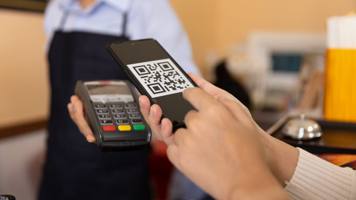 QR kód, platba, mobil, telefón. obchod