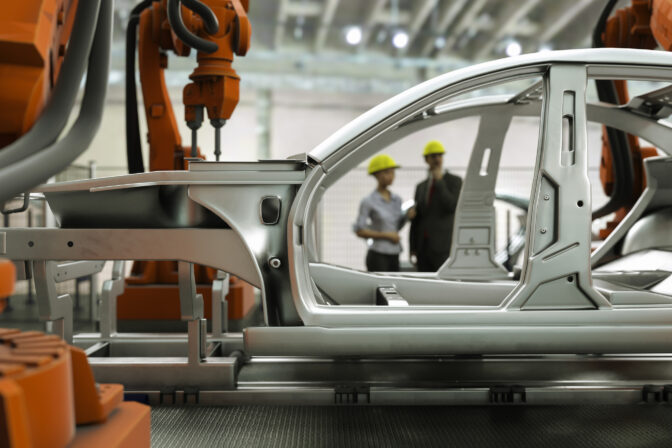 Car production line concept 3d render