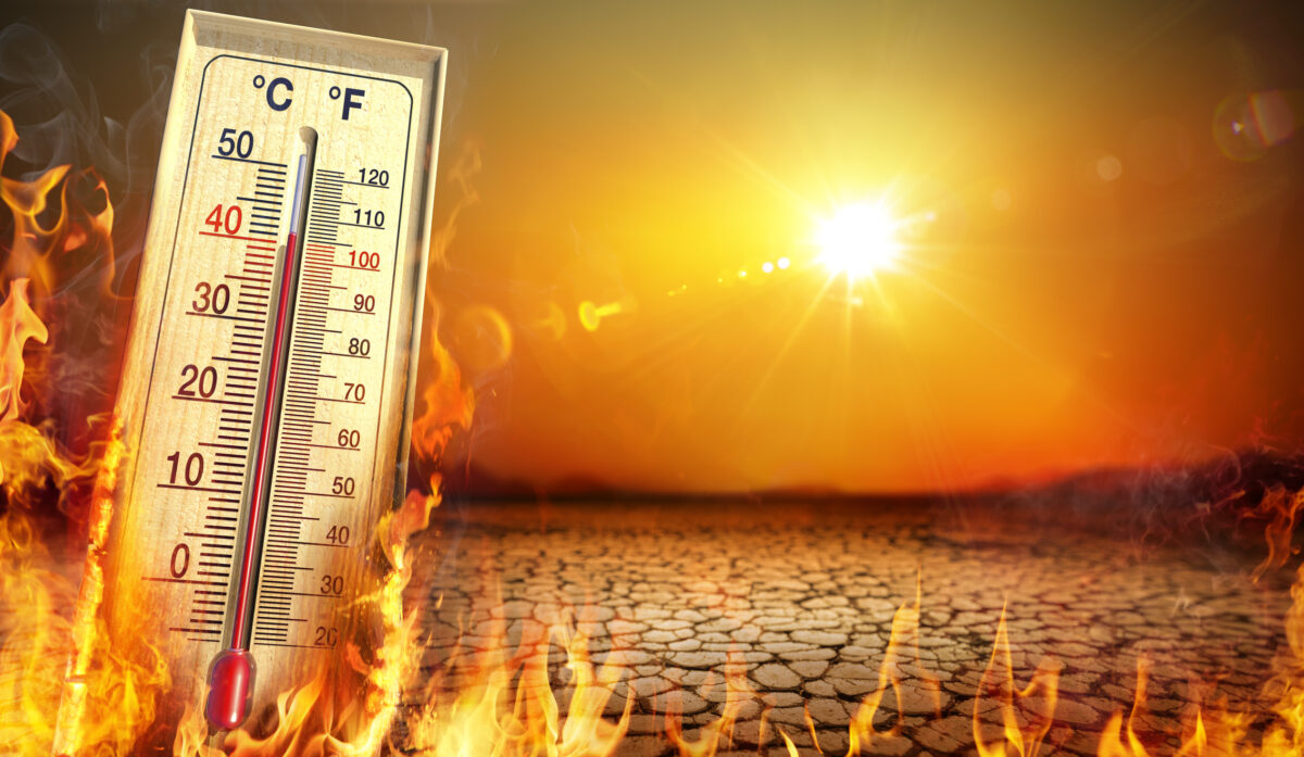 Heatwave With Warm Thermometer And Fire - Global Warming And Extreme Climate - Environment Disaster