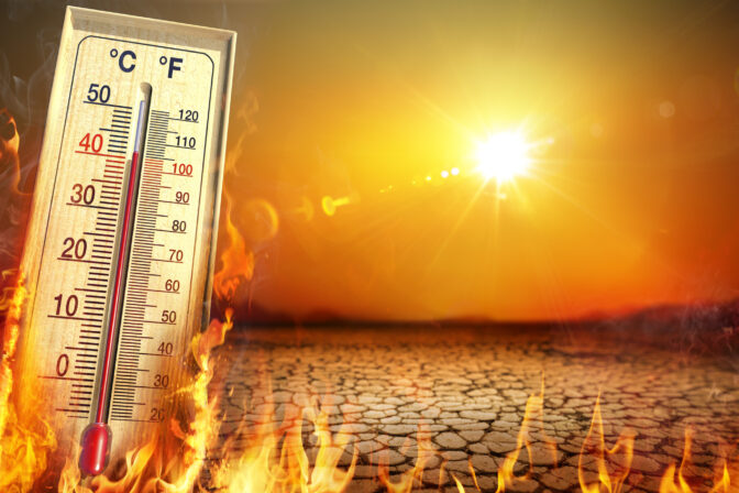 Heatwave With Warm Thermometer And Fire - Global Warming And Extreme Climate - Environment Disaster