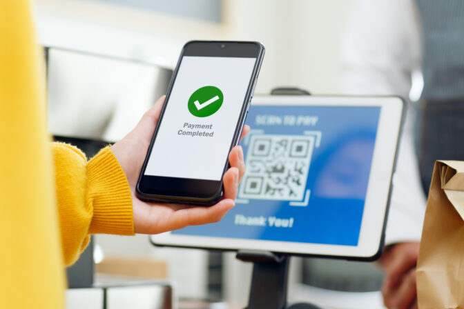QR kód, platba, mobil, telefón. obchod