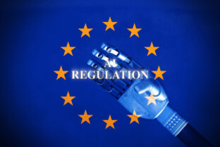 AI regulation symbol. Concept words AI artificial intelligence regulation robot hand . Business AI artificial intelligence regulation concept in Europe.