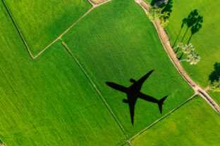 Shadow airplane flying above green field. Sustainable aviation fuel. Sustainable transportation and eco friendly flight with biofuel use. Aviation sustainability. Air travel. Reduce carbon footprint.