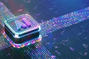 Artificial Intelligence processor unit. Powerful Quantum AI component on PCB motherboard with data transfers.