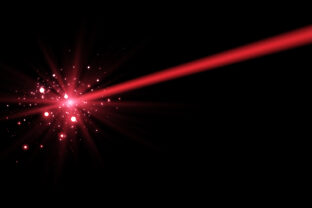 Red horizontal laser beam. Neon line, presentation pointer. Red glow flare light effect. Vector illustration. Isolated on dark background.