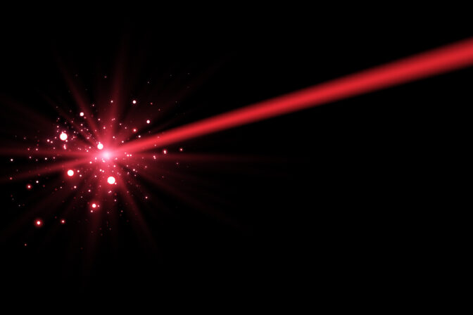 Red horizontal laser beam. Neon line, presentation pointer. Red glow flare light effect. Vector illustration. Isolated on dark background.