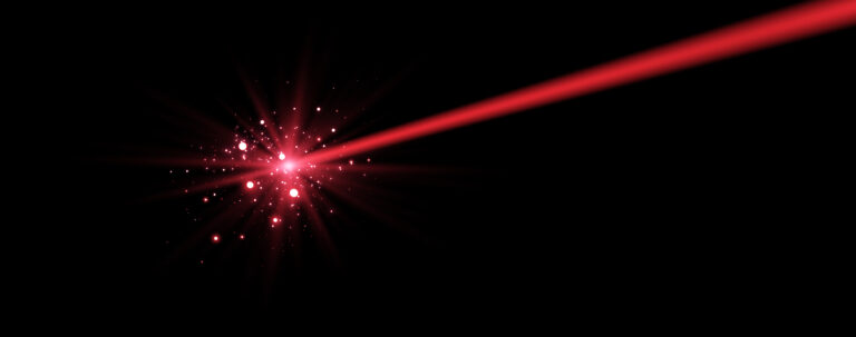 Red horizontal laser beam. Neon line, presentation pointer. Red glow flare light effect. Vector illustration. Isolated on dark background.