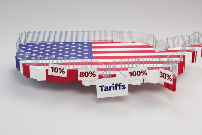 Concept: Trade protectionism by the United States of America by implementing tariffs. A security fence built around a 3d map of the USA with signs "Tariffs" and 10%, 30%, 80%, 100%. Gray Background