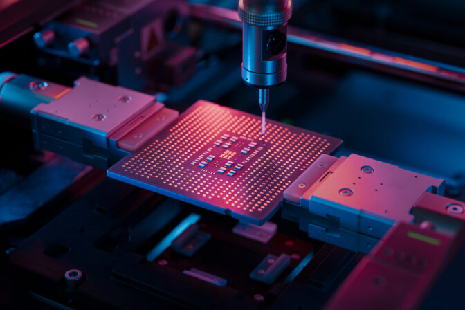 Advanced Microchip illuminated with Red Light in Industrial Environment. Computer Chip on Conveyor Line during Production and Packaging Process on Semiconductor Fab.