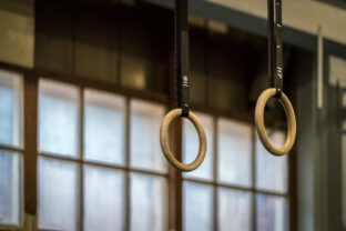 Selective focus of wooden gymnastic rings in front of a large window.