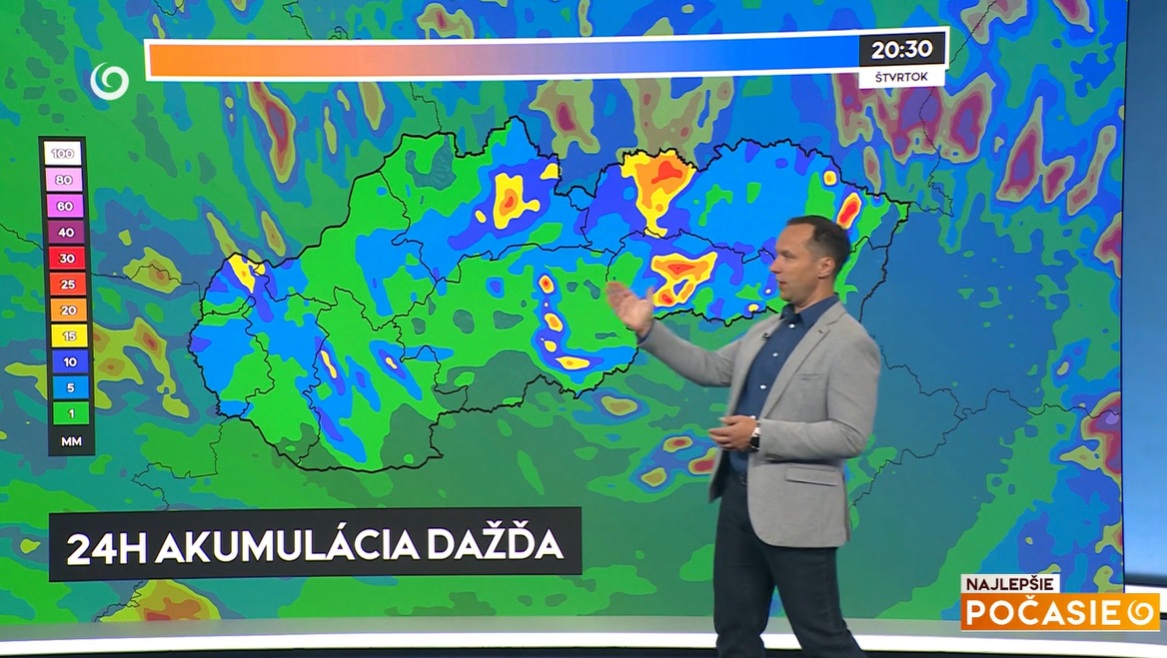 Hydrológ Michal Hazlinger v relácii Najlepšie počasie na TV Joj ukázal aj 24 hodinovú akumuláciu dažďa.