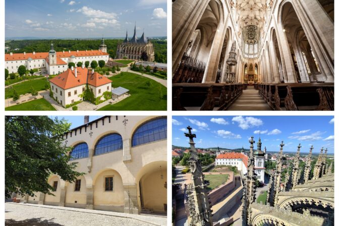 Historické pamiatky Kutnej Hory – Chrám sv. Barbory, Vlašský dvor a gotická architektúra z vtáčej perspektívy.