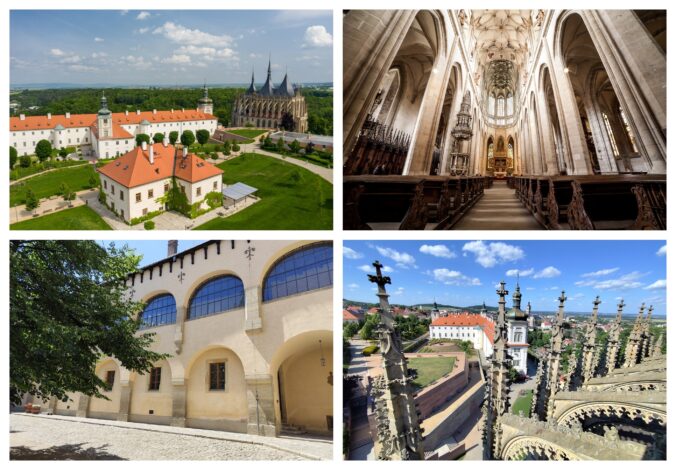 Historické pamiatky Kutnej Hory – Chrám sv. Barbory, Vlašský dvor a gotická architektúra z vtáčej perspektívy.