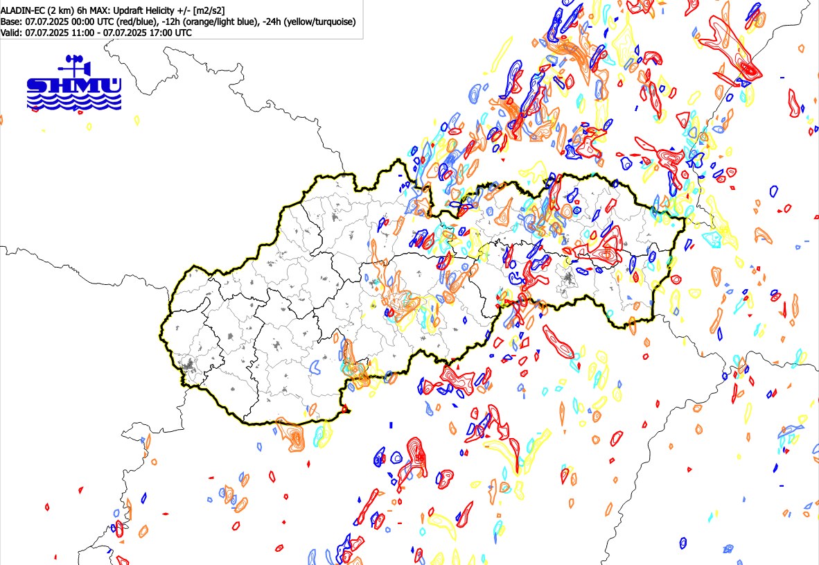 Predpoveď rotácie výstupných prúdov v supercelách. Tri scenáre, cyklonálna aj anticyklonálna rotácia a preto podľa meteorológov šesť farieb.