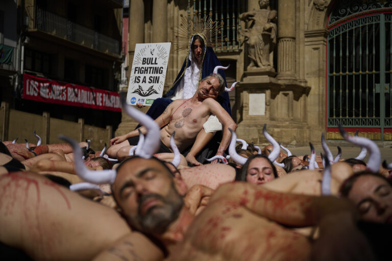 ľudia aktivisti krv protest býčie rohy