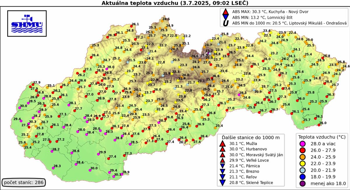 Teploty na Slovensku vo štvrtok 3. júla o 9.00 ráno.