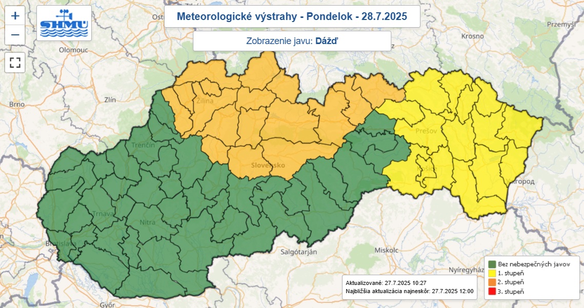 Varovania prvého a druhého stupňa pred dažďom vydaná na pondelok 28. júla 2025.