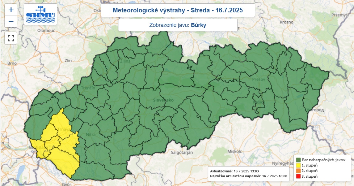 Výstraha prvého stupňa pred búrkami bola v stredu po obede do 14.00 vydaná pre šesť okresov Slovenska.